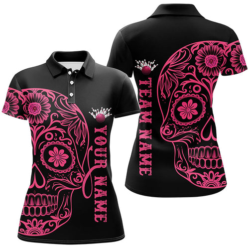 Pink Sugar Skull Tattoo Custom Ladies Team Bowling Polo Shirts, Halloween Team Bowling Jerseys IPHW6711