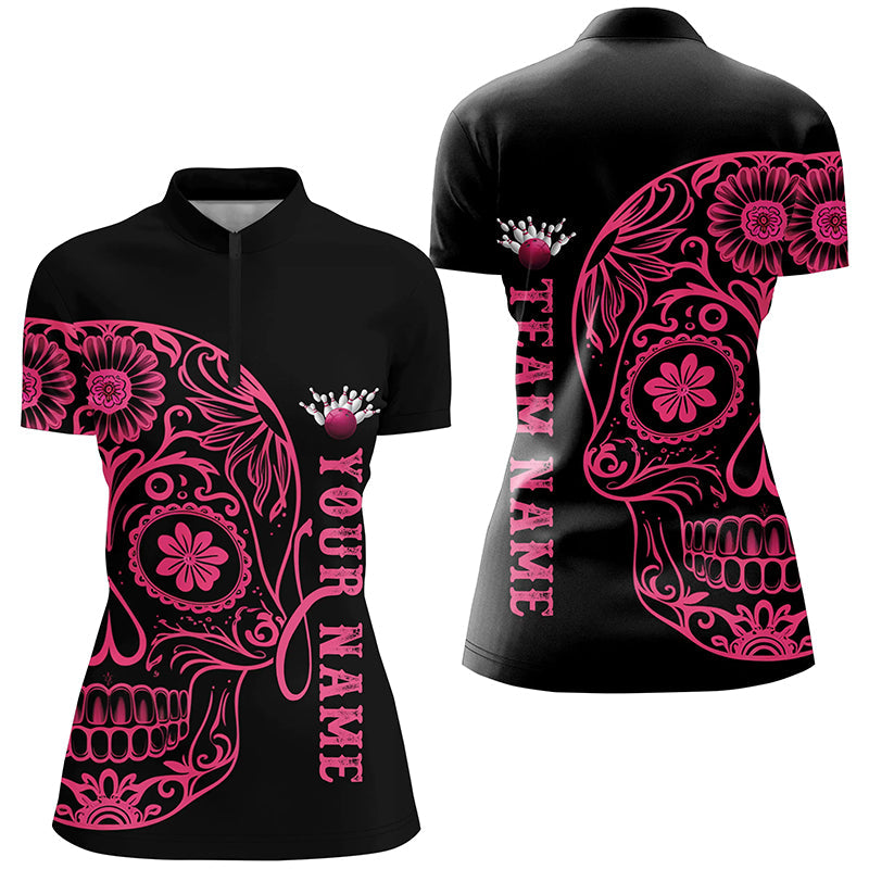Pink Sugar Skull Tattoo Custom Ladies Team Bowling Polo Shirts, Halloween Team Bowling Jerseys IPHW6711