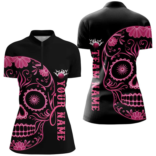 Pink Sugar Skull Tattoo Custom Ladies Team Bowling Polo Shirts, Halloween Team Bowling Jerseys IPHW6712