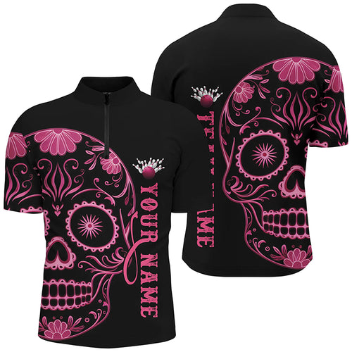 Pink Sugar Skull Tattoo Custom Unisex Team Bowling Polo Shirts, Halloween Team Bowling Jerseys IPHW6712