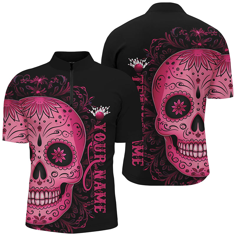 Pink Sugar Skull Tattoo Custom Unisex Team Bowling Polo Shirts, Halloween Team Bowling Jerseys IPHW6713