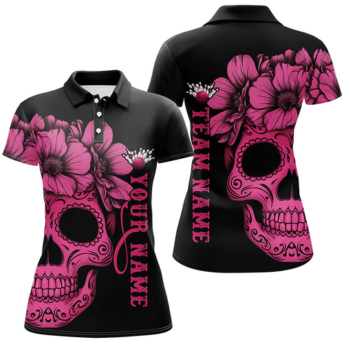Pink Sugar Skull Tattoo Custom Ladies Team Bowling Polo Shirts, Halloween Team Bowling Jerseys IPHW6714