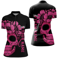 Load image into Gallery viewer, Pink Sugar Skull Tattoo Custom Ladies Team Bowling Polo Shirts, Halloween Team Bowling Jerseys IPHW6714