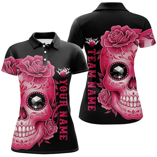 Pink Sugar Skull Tattoo Custom Ladies Team Bowling Polo Shirts, Halloween Team Bowling Jerseys IPHW6715