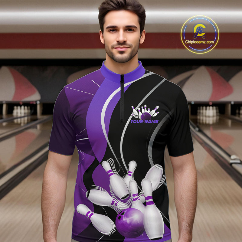 Custom Black And Purple Bowling Jerseys, Men Bowling Quarter-Zip Shirt Team Uniform IPHW9227