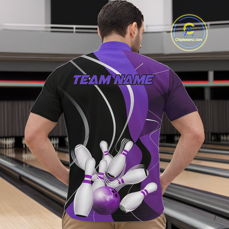 Custom Black And Purple Bowling Jerseys, Men Bowling Quarter-Zip Shirt Team Uniform IPHW9227