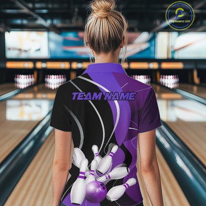 Custom Black And Purple Bowling Jerseys, Women Bowling Quarter-Zip Shirt Team Uniform IPHW9227