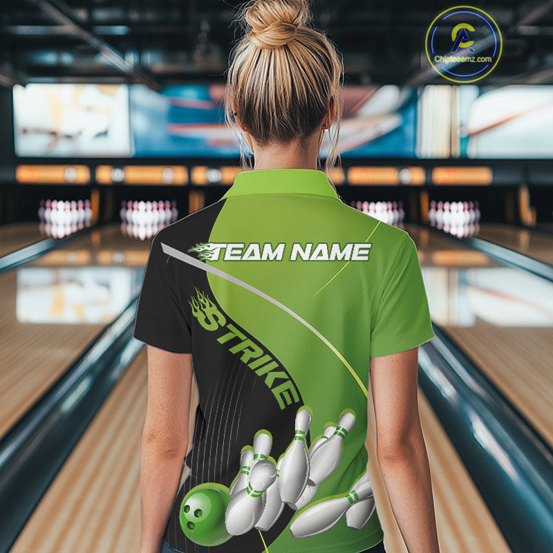 Custom Black And Green Strike Bowling Polo Shirts For Women, Bowler Outfit Team Jerseys IPHW9228