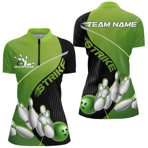 Custom Black And Green Strike Bowling Quarter-Zip Shirts For Women, Team Bowler Outfit IPHW9228