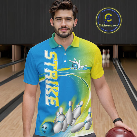 Custom Blue And Yellow Strike Bowling Polo Shirts For Men, Strike Bowling Team Jersey IPHW9233