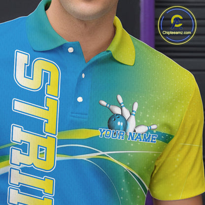 Custom Blue And Yellow Strike Bowling Polo Shirts For Men, Strike Bowling Team Jersey IPHW9233