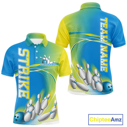 Custom Blue And Yellow Strike Bowling Polo Shirts For Men, Strike Bowling Team Jersey IPHW9233