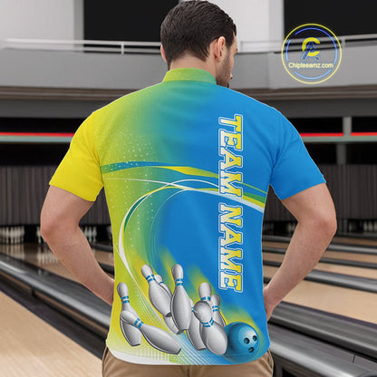Custom Blue And Yellow Strike Bowling Quarter-Zip Shirts For Men, Strike Bowling Team Jersey IPHW9233
