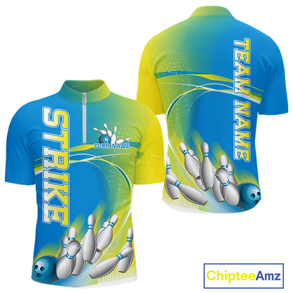 Custom Blue And Yellow Strike Bowling Quarter-Zip Shirts For Men, Strike Bowling Team Jersey IPHW9233