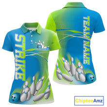 Load image into Gallery viewer, Custom Blue And Green Strike Bowling Polo Shirts For Women, Strike Bowling Team Jersey IPHW9234