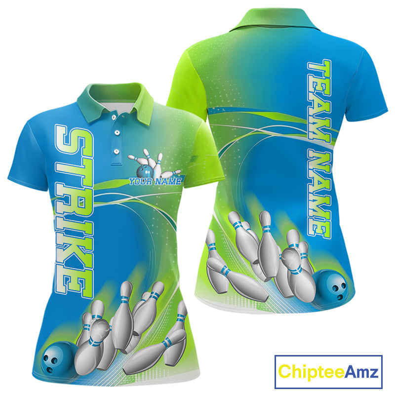 Custom Blue And Green Strike Bowling Polo Shirts For Women, Strike Bowling Team Jersey IPHW9234
