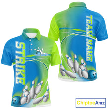 Load image into Gallery viewer, Custom Blue And Green Strike Bowling Polo Shirts For Men, Strike Bowling Team Jersey IPHW9234