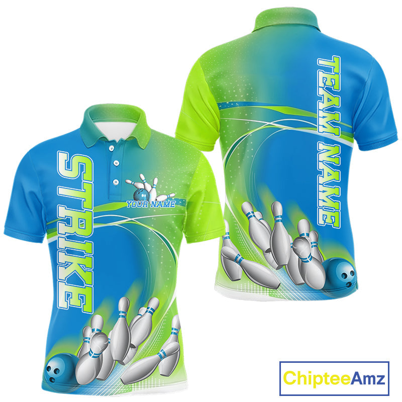 Custom Blue And Green Strike Bowling Polo Shirts For Men, Strike Bowling Team Jersey IPHW9234