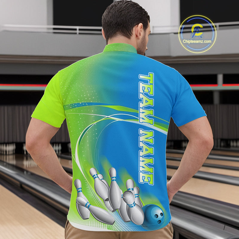 Custom Blue And Green Strike Bowling Quarter-Zip Shirts For Men, Strike Bowling Team Jersey IPHW9234
