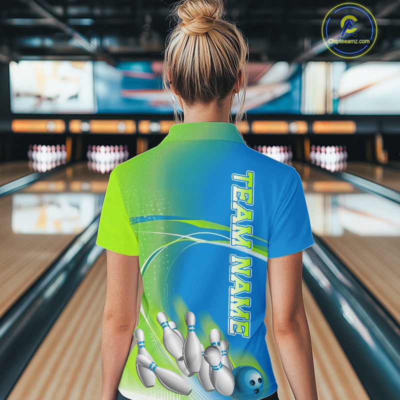 Custom Blue And Green Strike Bowling Quarter-Zip Shirts For Women, Bowling Team Jersey IPHW9234
