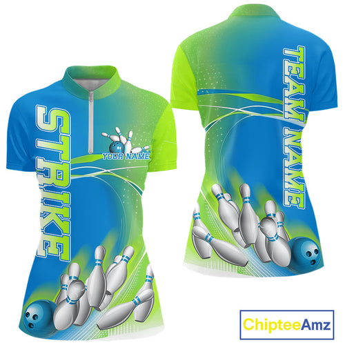 Custom Blue And Green Strike Bowling Quarter-Zip Shirts For Women, Bowling Team Jersey IPHW9234