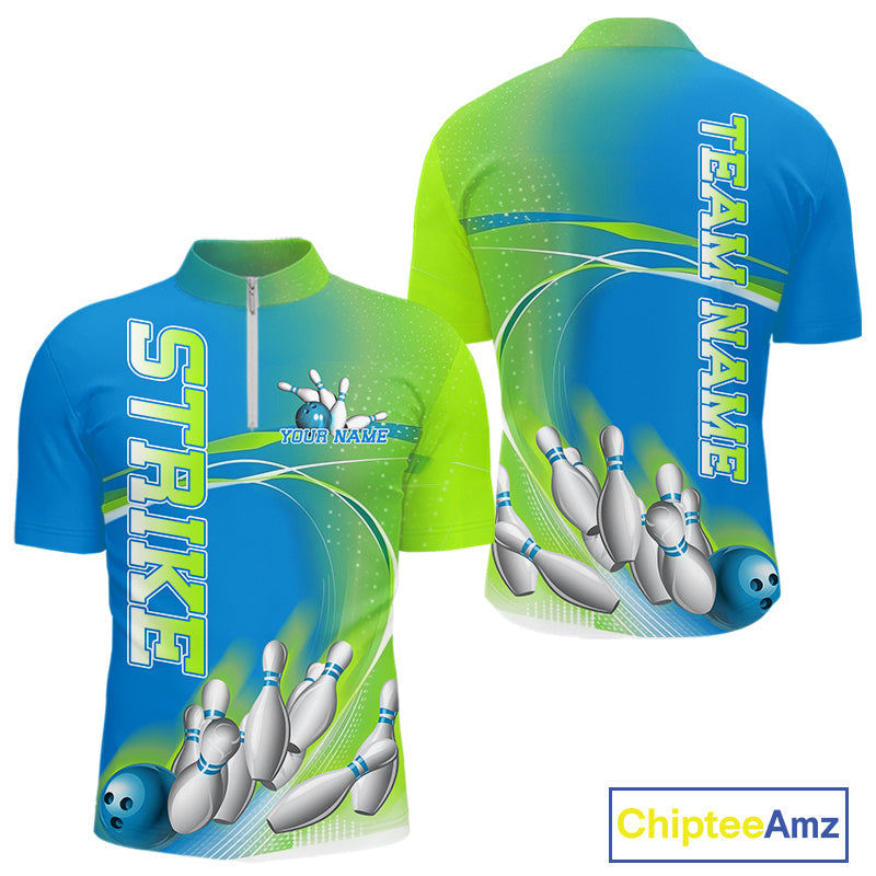 Custom Blue And Green Strike Bowling Quarter-Zip Shirts For Men, Strike Bowling Team Jersey IPHW9234