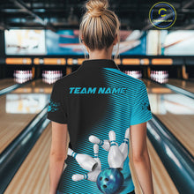 Load image into Gallery viewer, Custom Black And Blue Bowling Polo Shirts For Women, Blue Bowling Jerseys IPHW9401