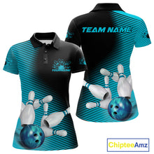 Load image into Gallery viewer, Custom Black And Blue Bowling Polo Shirts For Women, Blue Bowling Jerseys IPHW9401