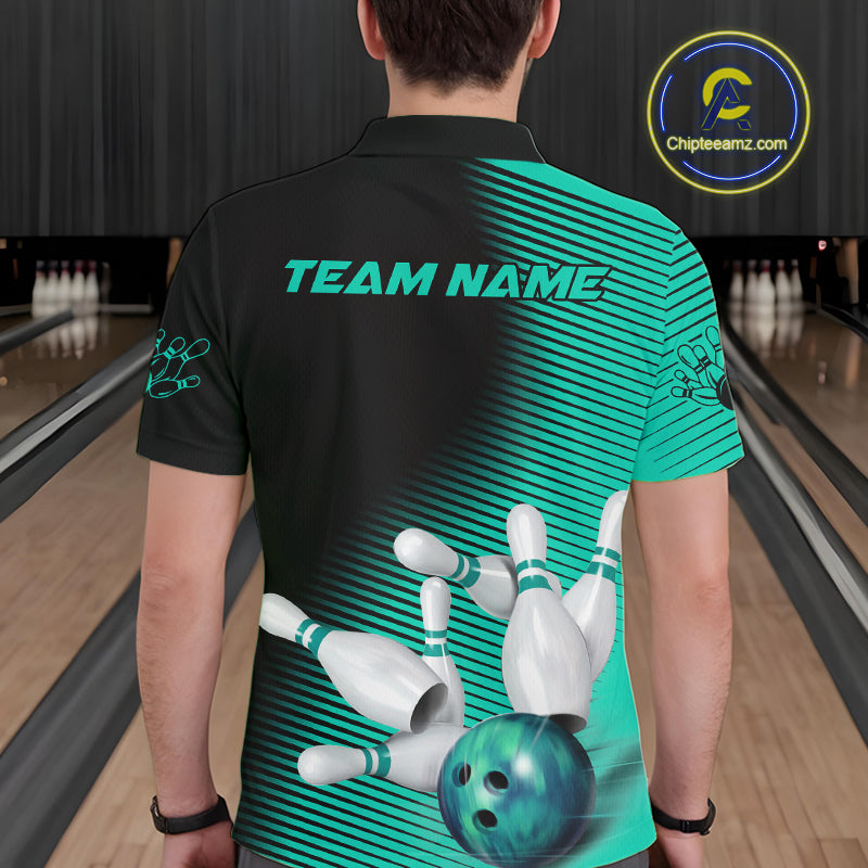 Custom Black And Ball Blue Bowling Polo Shirts For Men, Blue Bowling Jerseys IPHW9402