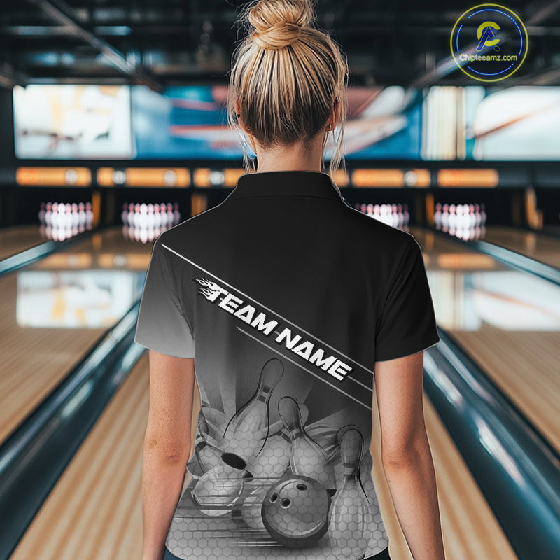 Custom Black And White Bowling Tournament Women Quarter-Zip Shirts, Bowling Team Shirt IPHW9405