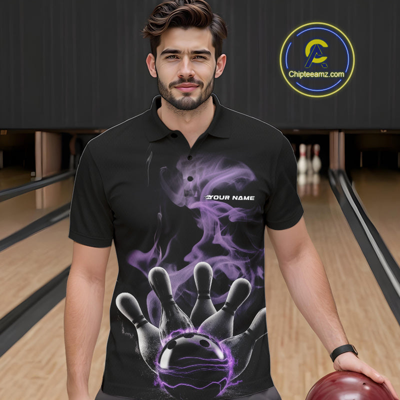 Custom Purple Smoke Bowling Polo Team Shirts For Men, Flame Bowling League Shirt IPHW9563