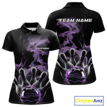 Load image into Gallery viewer, Custom Purple Smoke Bowling Polo Team Shirts For Women, Flame Bowling League Shirt IPHW9563