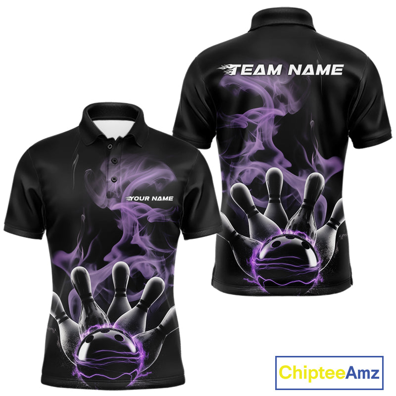 Custom Purple Smoke Bowling Polo Team Shirts For Men, Flame Bowling League Shirt IPHW9563