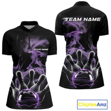 Load image into Gallery viewer, Custom Purple Smoke Bowling Quarter-Zip Team Shirts For Women, Flame Bowling League Shirt IPHW9563