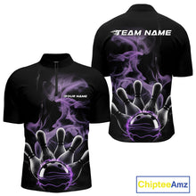 Load image into Gallery viewer, Custom Purple Smoke Bowling Quarter-Zip Team Shirts For Men, Flame Bowling League Shirt IPHW9563