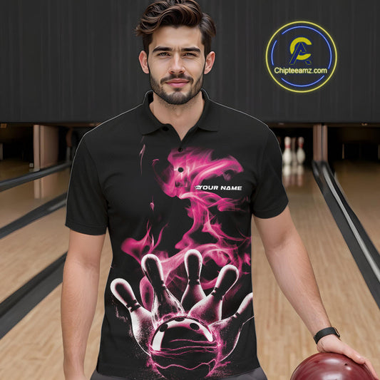 Custom Pink Smoke Bowling Polo Team Shirts For Men, Flame Bowling League Shirt IPHW9564