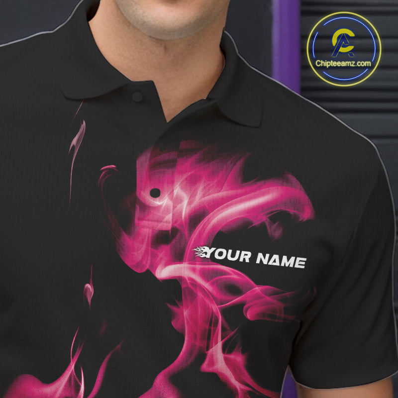 Custom Pink Smoke Bowling Polo Team Shirts For Men, Flame Bowling League Shirt IPHW9564