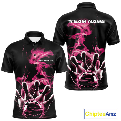 Custom Pink Smoke Bowling Polo Team Shirts For Men, Flame Bowling League Shirt IPHW9564
