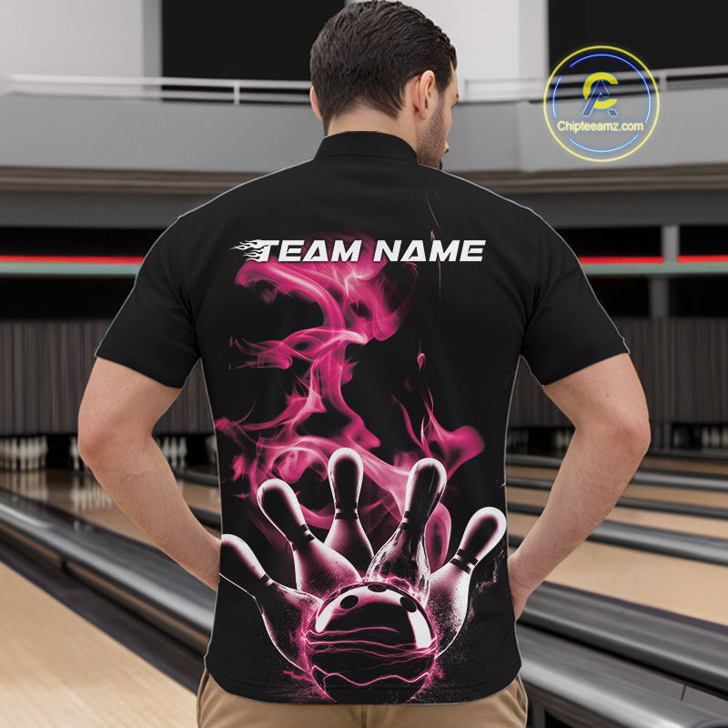 Custom Pink Smoke Bowling Quarter-Zip Team Shirts For Men, Flame Bowling League Shirt IPHW9564