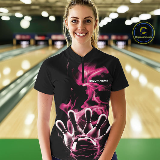 Custom Pink Smoke Bowling Quarter-Zip Team Shirts For Women, Flame Bowling League Shirt IPHW9564