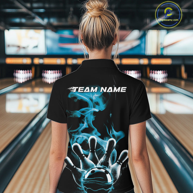 Custom Blue Smoke Bowling Quarter-Zip Team Shirts For Women, Flame Bowling League Shirt IPHW9565