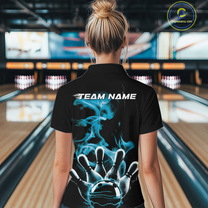Custom Blue Smoke Bowling Quarter-Zip Team Shirts For Women, Flame Bowling League Shirt IPHW9565