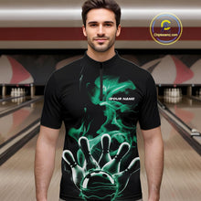 Load image into Gallery viewer, Custom Green Smoke Bowling Quarter-Zip Team Shirts For Men, Flame Bowling League Shirt IPHW9566