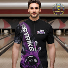 Load image into Gallery viewer, Custom Purple Flame Strike Bowling Team Quarter-Zip Shirts For Men, Fire Bowling Jerseys IPHW9571