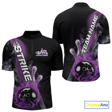 Load image into Gallery viewer, Custom Purple Flame Strike Bowling Team Quarter-Zip Shirts For Men, Fire Bowling Jerseys IPHW9571