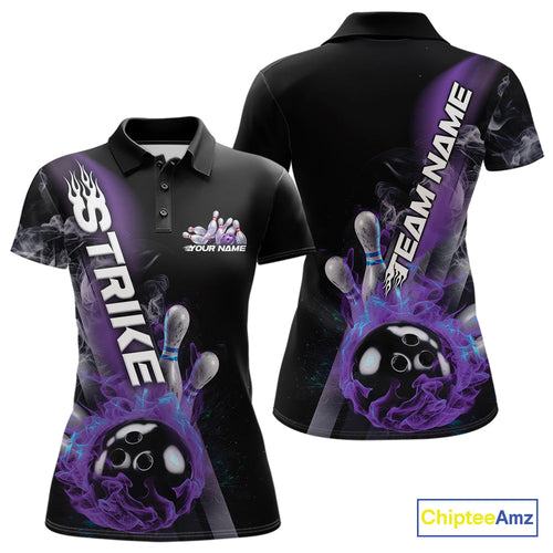 Custom Blue And Purple Flame Strike Bowling Team Women Polo Shirt, Fire Bowling Jerseys IPHW9572