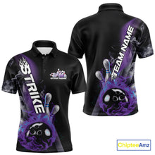 Load image into Gallery viewer, Custom Blue And Purple Flame Strike Bowling Team Polo Shirts For Men, Fire Bowling Jerseys IPHW9572