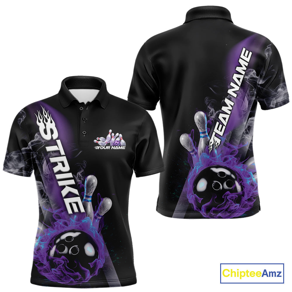 Custom Blue And Purple Flame Strike Bowling Team Polo Shirts For Men, Fire Bowling Jerseys IPHW9572