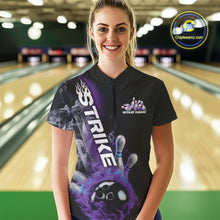 Load image into Gallery viewer, Custom Blue And Purple Flame Strike Bowling Women Quarter-Zip Shirt, Fire Bowling Jersey IPHW9572