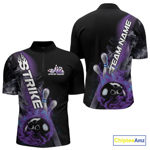 Custom Blue And Purple Flame Strike Bowling Team Quarter-Zip Shirts For Men, Fire Bowling Jerseys IPHW9572